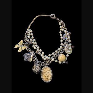 Lenora Dame Vintage Silver Tone Triple Layered Faux Pearl Locket Necklace 18"